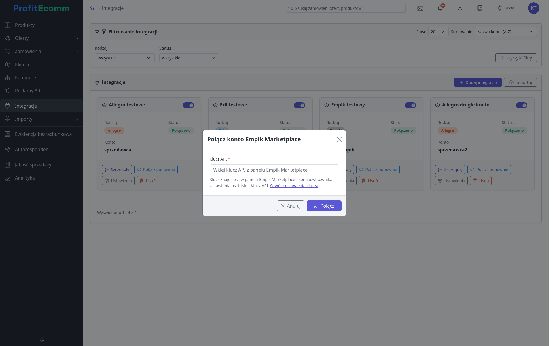Okno podłączenia konta Empik Marketplace kluczem API