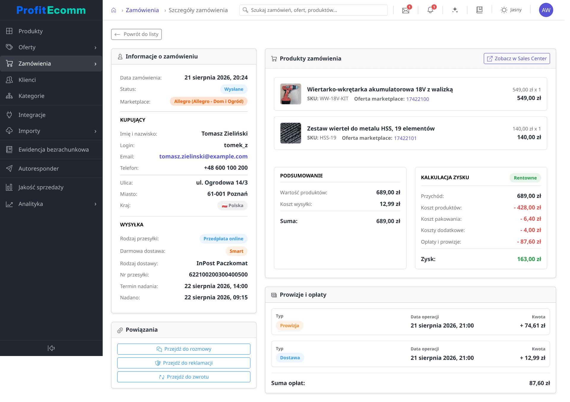 Szczegóły zamówienia w ProfitEcomm z kosztem produktów, pakowania, prowizjami i wyliczonym zyskiem