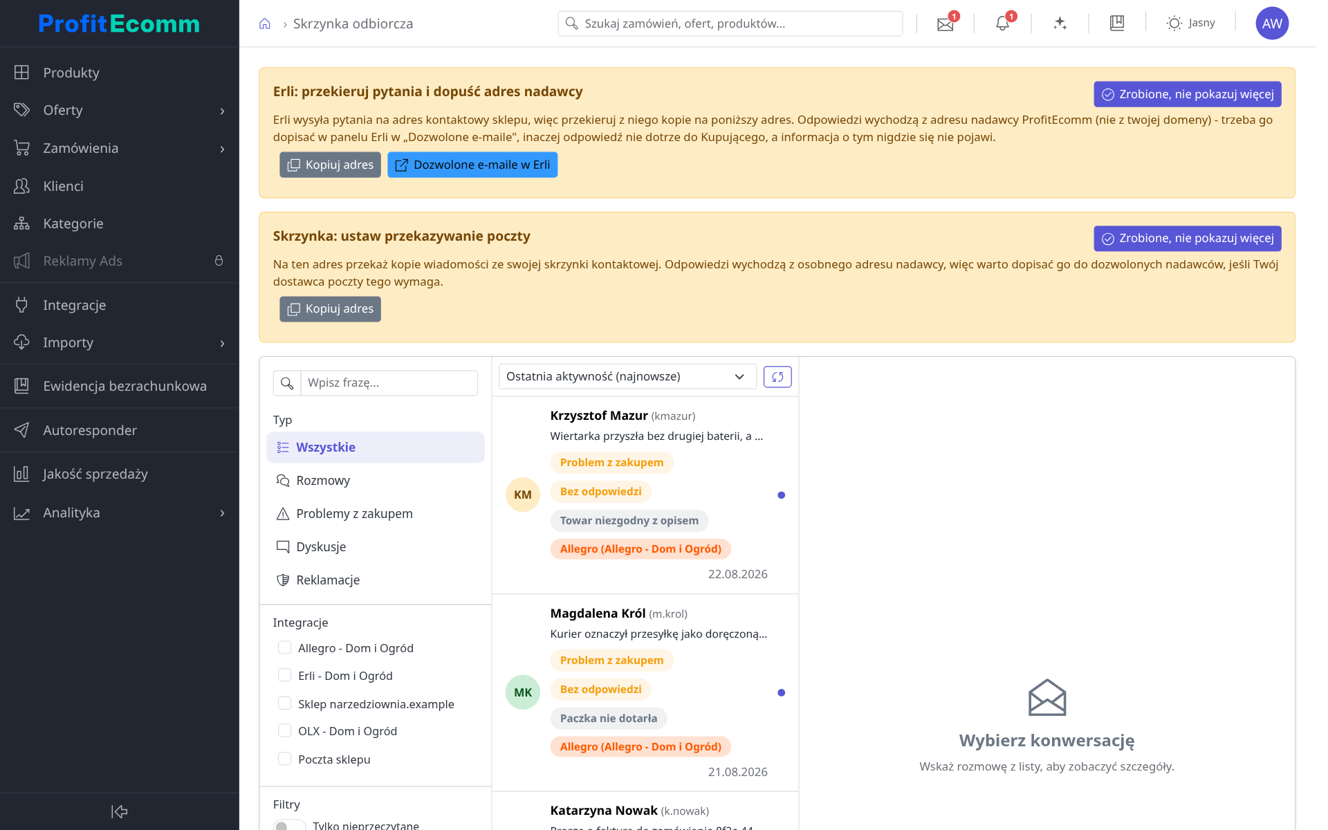 Lista spraw bez odpowiedzi w skrzynce ProfitEcomm z włączonym filtrem