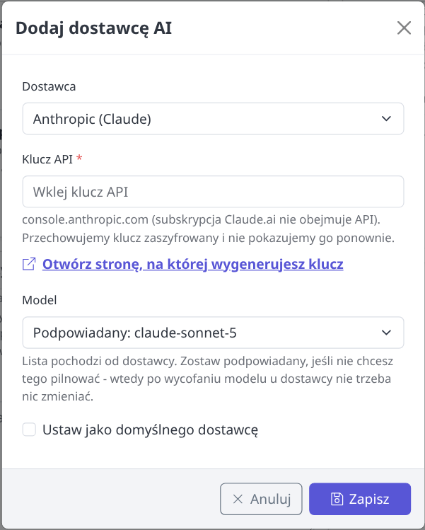Wybór modelu AI z listy dostawcy w Preferencjach ProfitEcomm