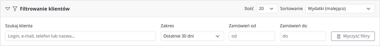 Filtry listy klientów