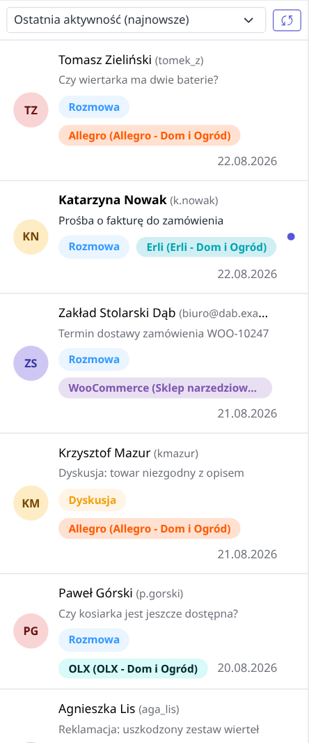 Lista rozmów w skrzynce