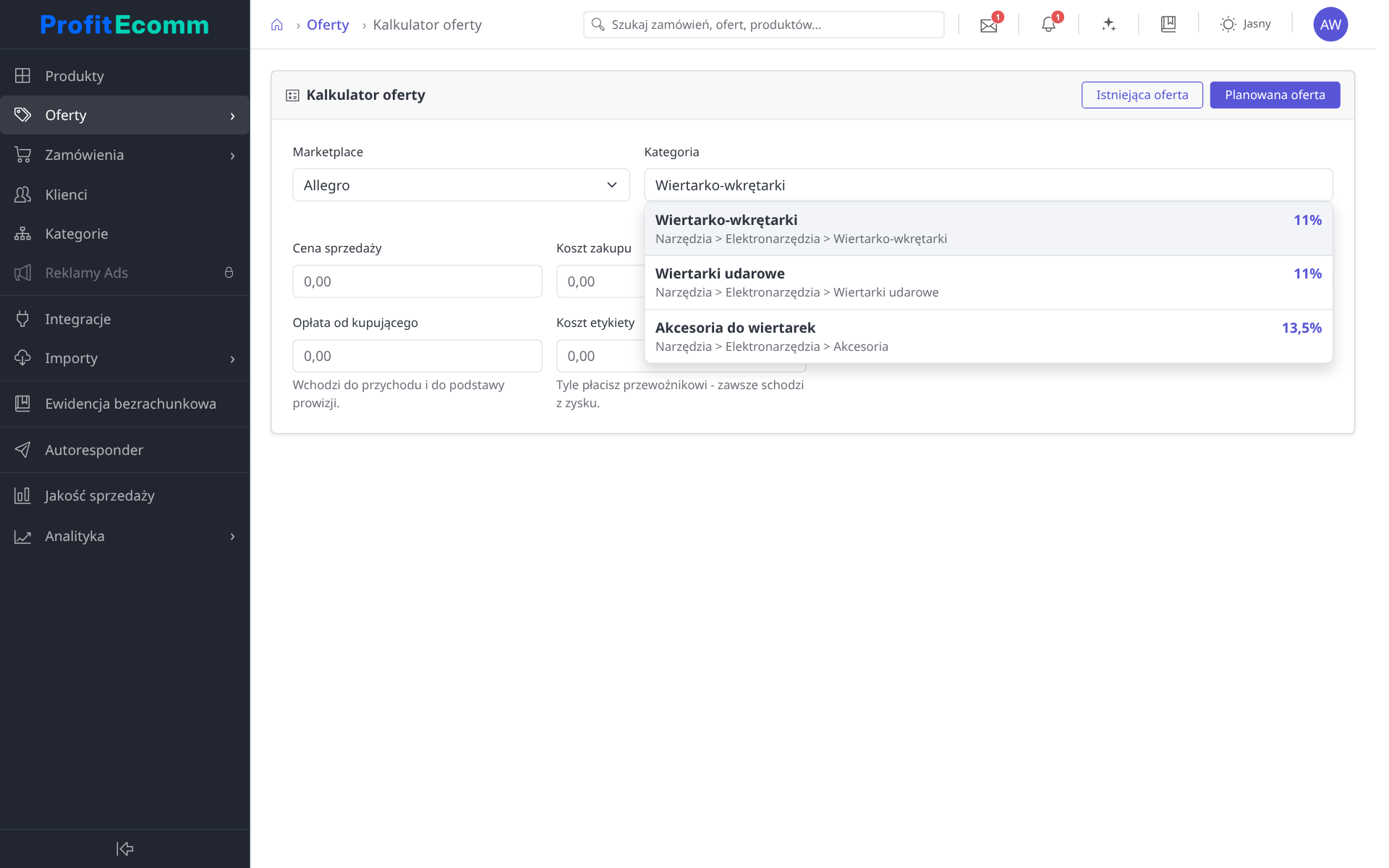 Kalkulator dla planowanej oferty
