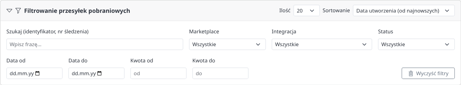 Filtry przesyłek pobraniowych