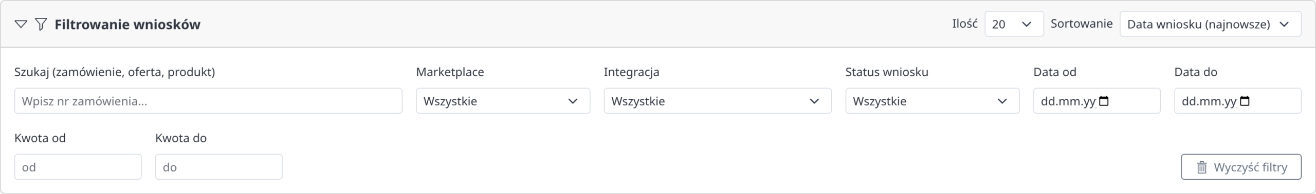 Filtry wniosków o zwrot prowizji