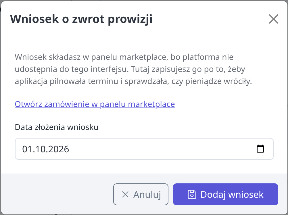 Ręczny wniosek o zwrot prowizji