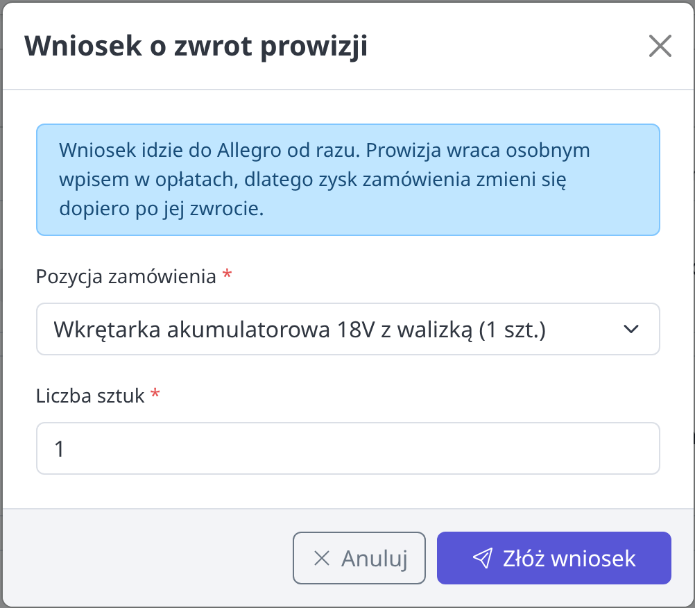 Wniosek o zwrot prowizji