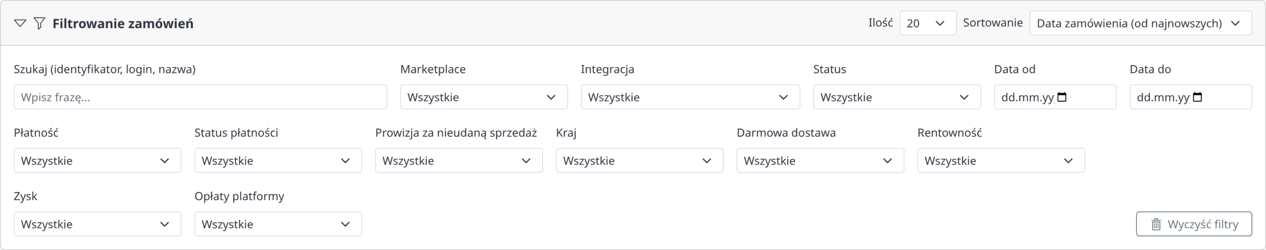 Filtry listy zamówień